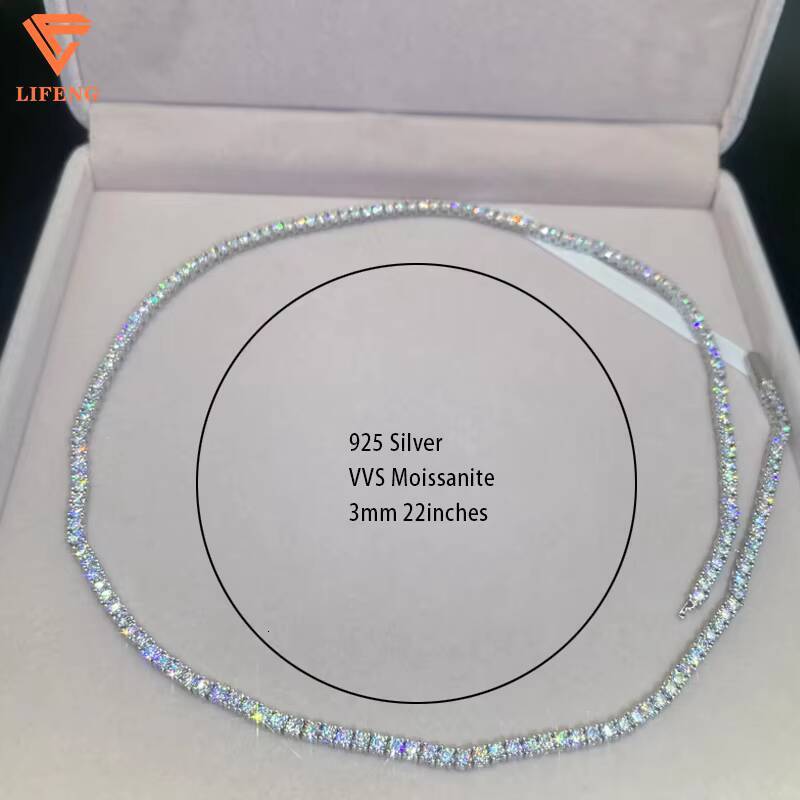 S925 Sterling Silver Tennis Chain Necklace 3mm Single Row VVS Moissanite Tennis Necklace Pass Diamond Tester GRA Hip Hop Jewelry