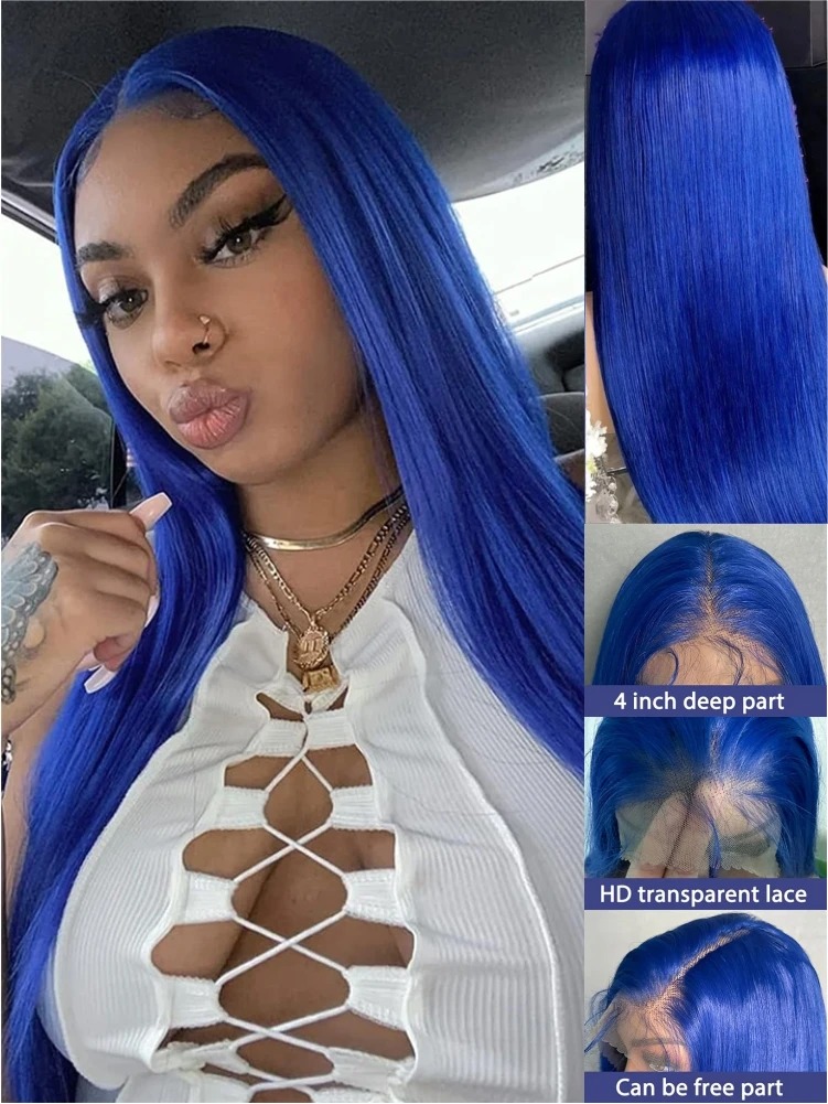 Blue Wig Human Hair 13x4 HD Frontal Lace Wig Glueless Preplucked Hairline Wig for Women Wear And Go Wigs Real Human Hair