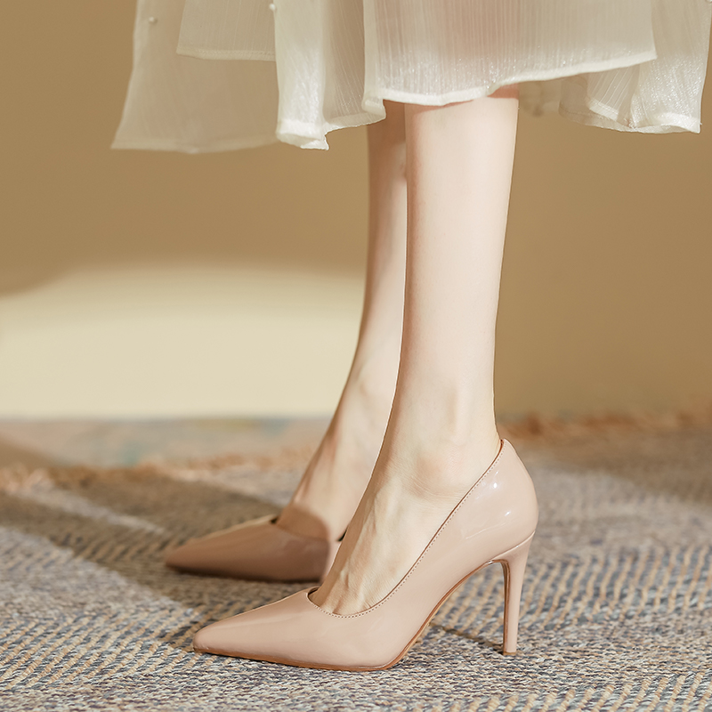 Stylish Nude Patent Leather Pointed Toe High Heels 2025 fashion Shoes Pink Color