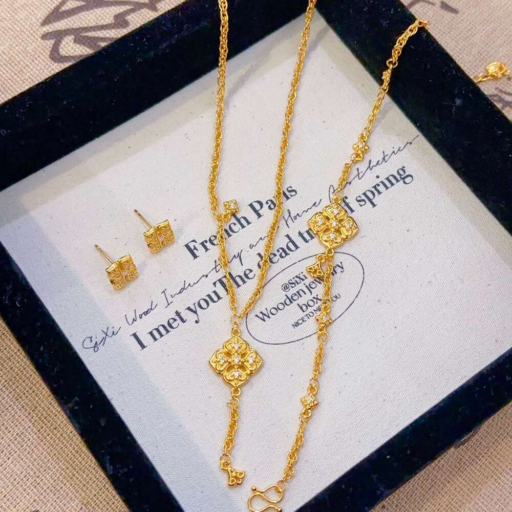 New Style Color National Charm Pointed Dia Square Harmony Necklace Bracelet Earrings Set Fashionable Versatile Elegant High-end Feel