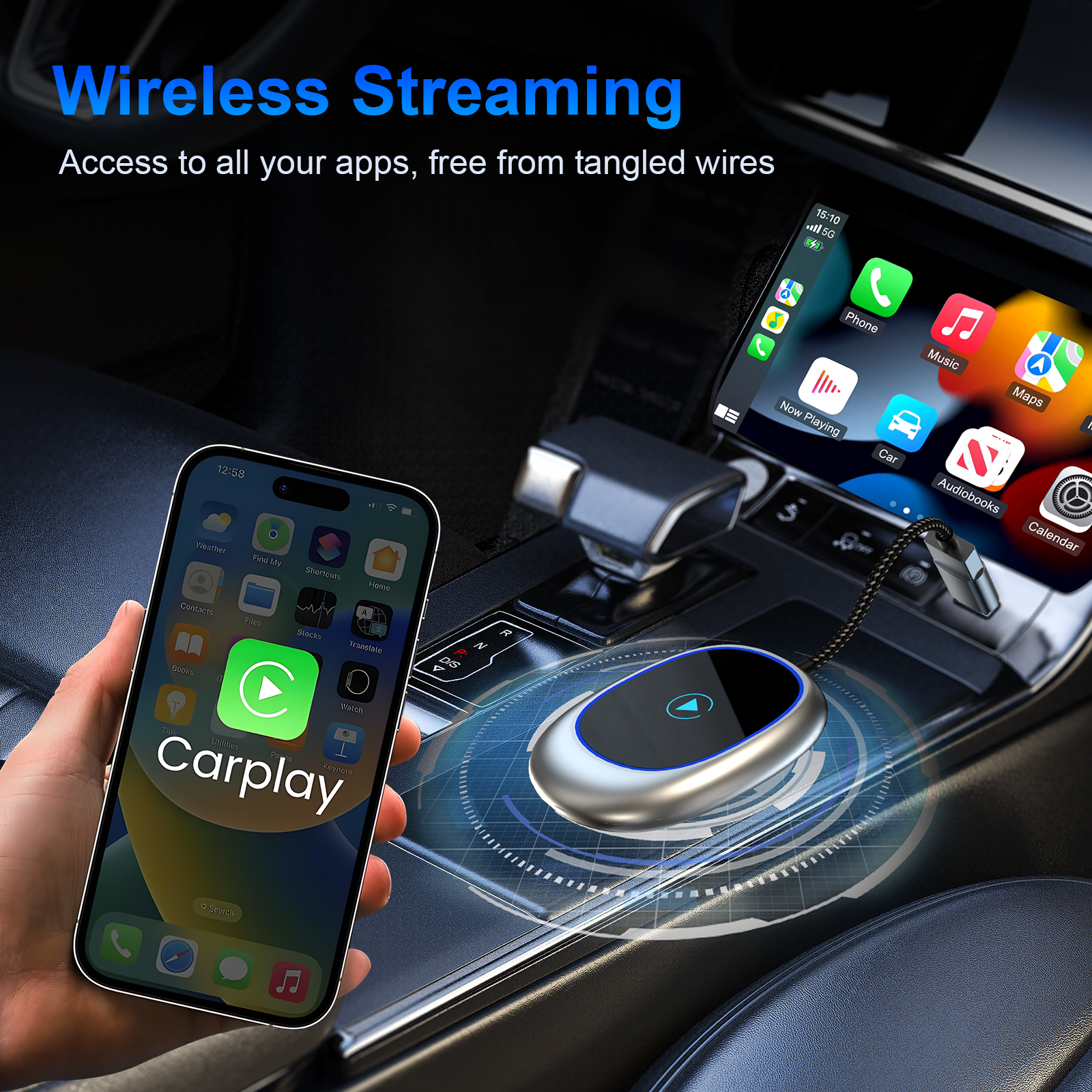 KOWANKIT Wireless CarPlay Android Auto Ai Box, Plug & Play Dongle Converts Wired To Wireless, Vehicle Multimedia Upgrade, No Delay, 2in1 Car Accessori