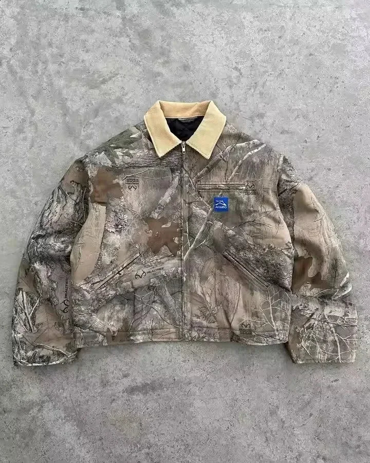 Streetwear Retro Vintage Camouflage Leaf Jacket Y2K Clothes Mens Hip Hop Letter Patch Embroidery Oversized Jacket Casual Coats 250820