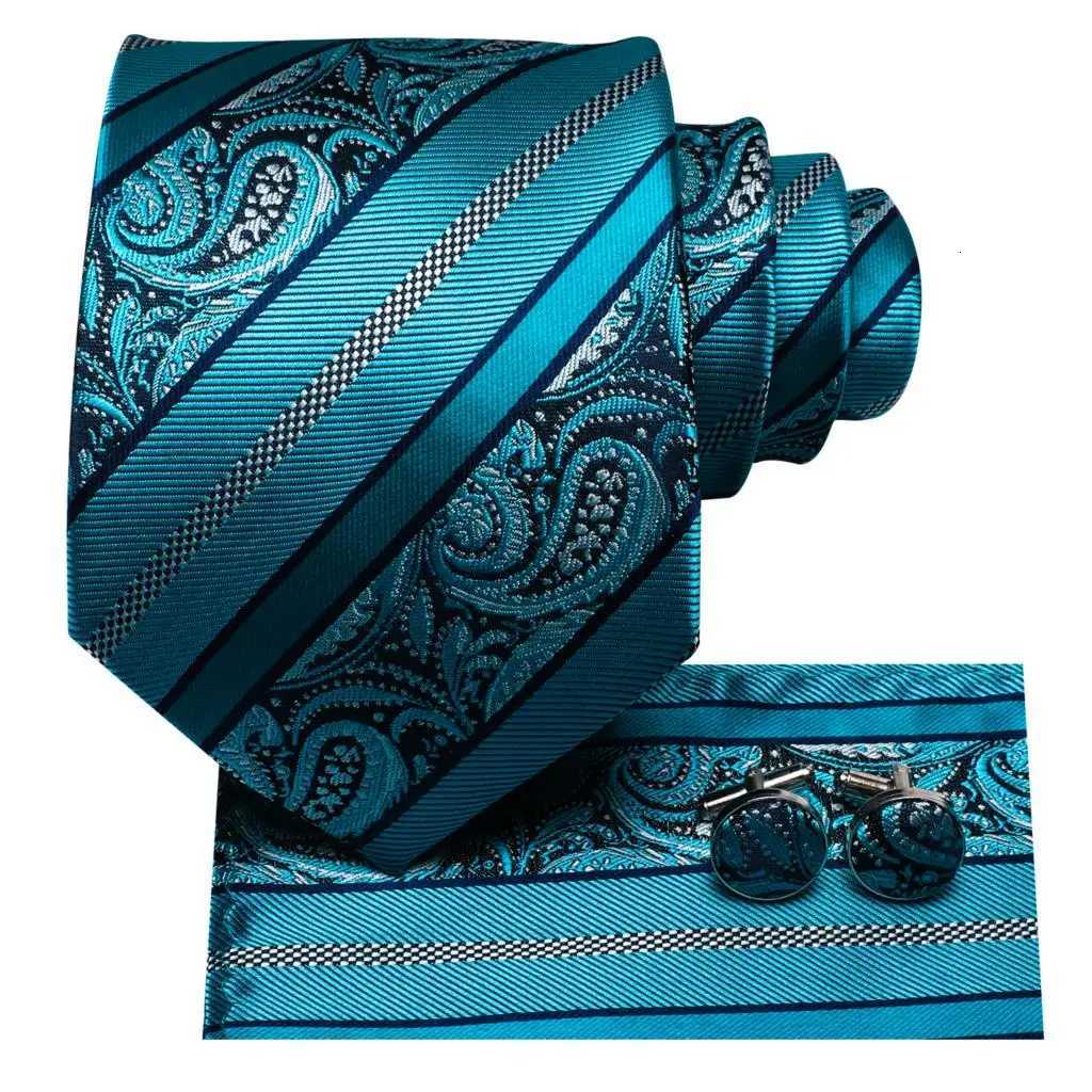 Teal Green Striped Luxury Designer Silk Wedding Tie For Men Handky Cufflink Mens Necktie Fashion Business Party Dropship Hi-Tie H250820
