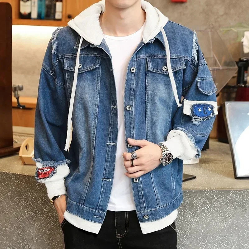 Customizable Men Denim Jacket Streetwear Hip Hop Mens Hooded Jean Jackets Male Casual Loose Outerwear Fashion Slim Fit Coat 250903