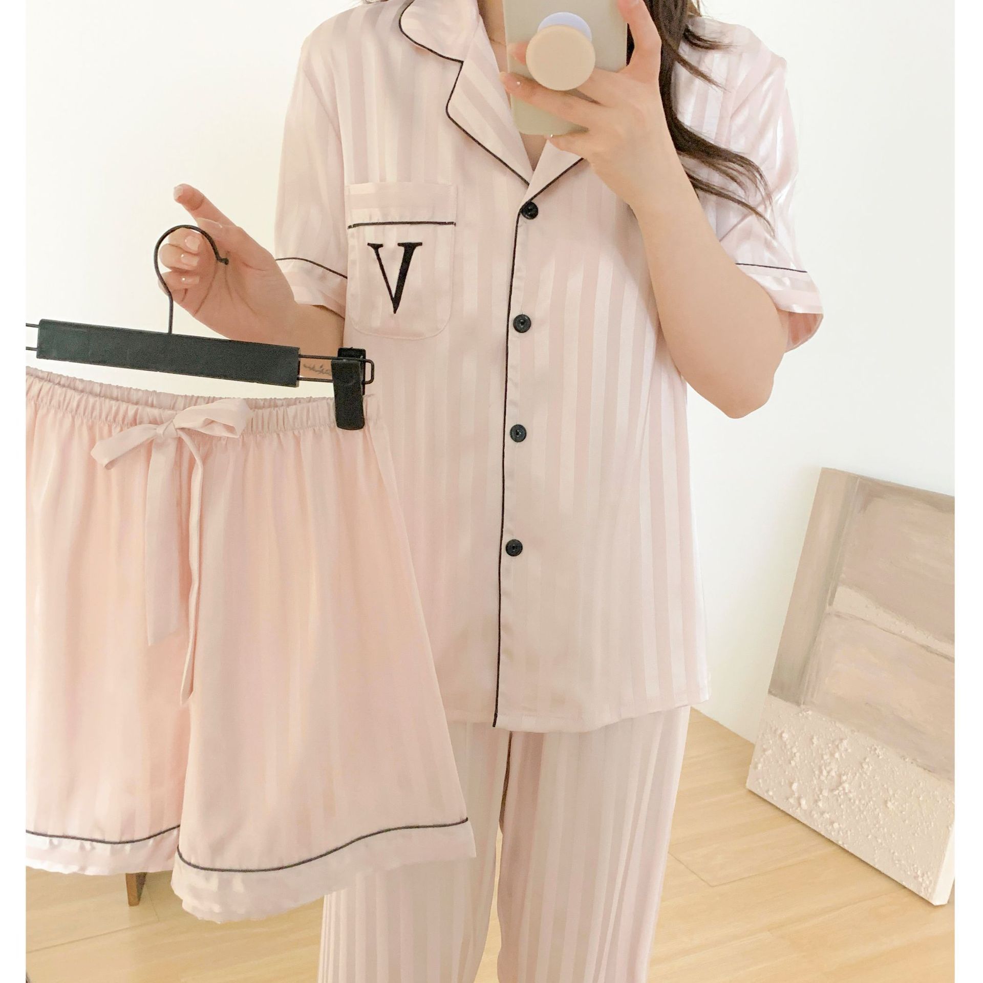 Women's Tracksuits Home Clothing Striped Embroidered Letter Pocket Short Sleeve And Shorts Pajama Set Casual Satin Sleepwear With Lapel Collar Bu