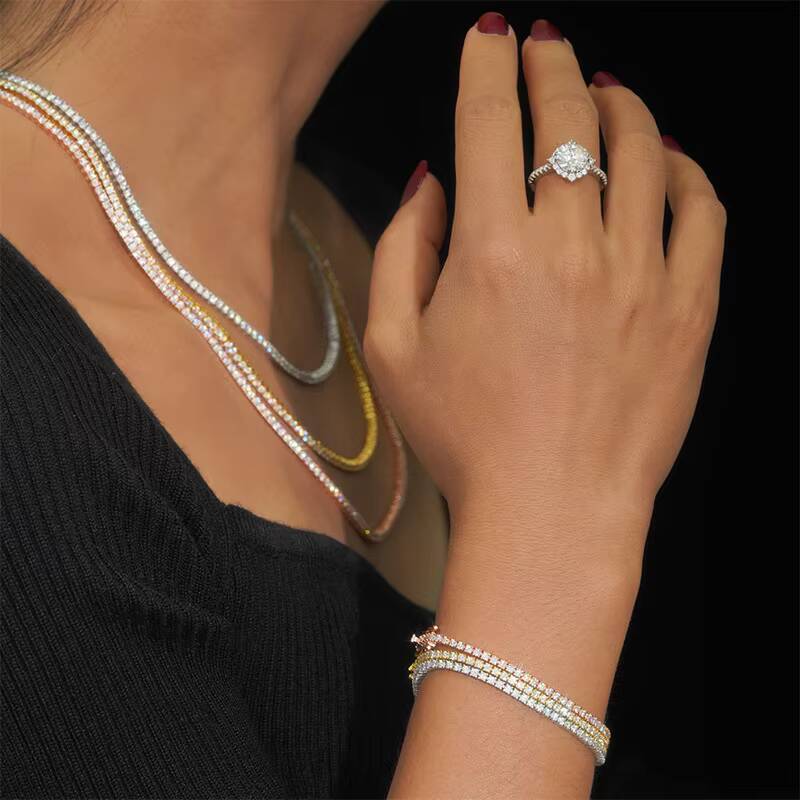 Miami Hip Hop Jewelry 925 Sterling Silver Rhodium Plated 2mm 3mm 4mm 5mm Round D VVS Moissanite Tennis Chain Bracelet Necklace