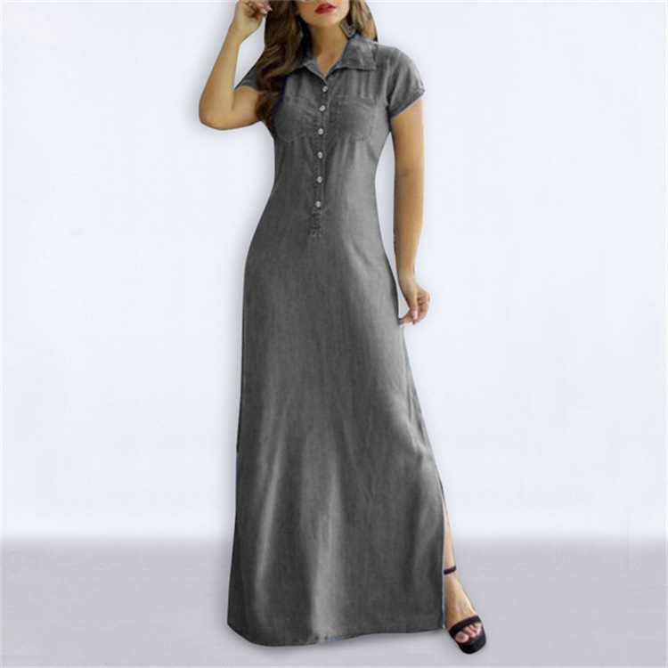 G85Cross-border women's long skirt shirt collar slit big swing skirt plus size casual denim dress