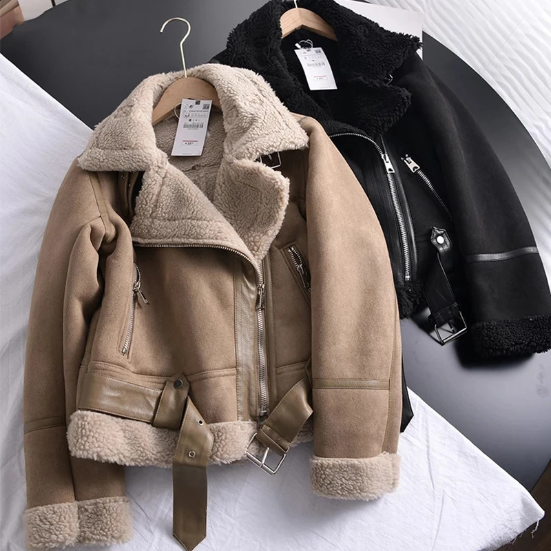Winter Vintage Suede Lamb Short Jacket Women Thick Warm Moto Bike Black Coat Female Sashes Faux Leather Jacket Outwear with Belt 250821