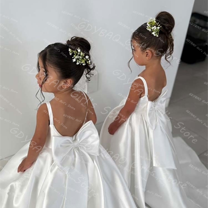 Ivory Flower Girl Dress With Bow Strap Mini Bridal Wedding Dress Kids Ball Gown 1st Communion Frock de Noiva 250821