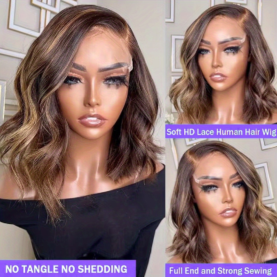 P4/27 Highlight Wig Human Hair Body Wave Lace Front Wig Honey Blonde Colored Short Bob Wig 13x4 HD Lace Wig PrePlucked 36 Inch For Women