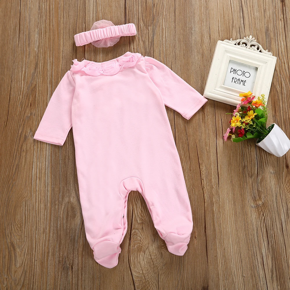 Spring born Baby Girl Clothes 2pcs Long Sleeve Lace Romper Headband Set Cotton Flower Footies Gift 250820