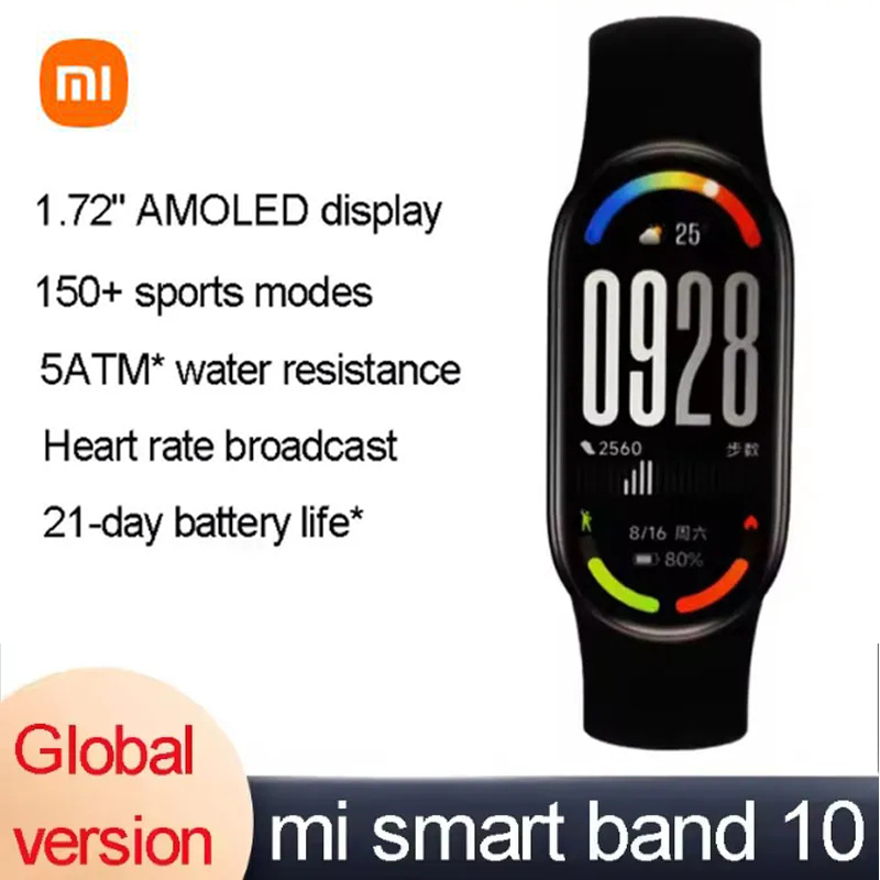 Global Version Xiaomi Smart Band 10 1.72" AMOLED Display 150+ Sports Modes Heart Rate Broadcast 5ATM Waterproof Sports Bracelet