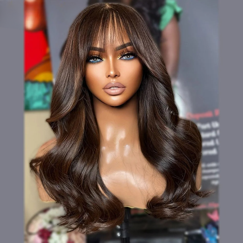 Brown 13X6 Lace Frontal Human Hair Wigs With Bangs Brazilian Remy 13X4 Body Wave Lace Front Wig 200% Density Wear And Go Synthetic For Women
