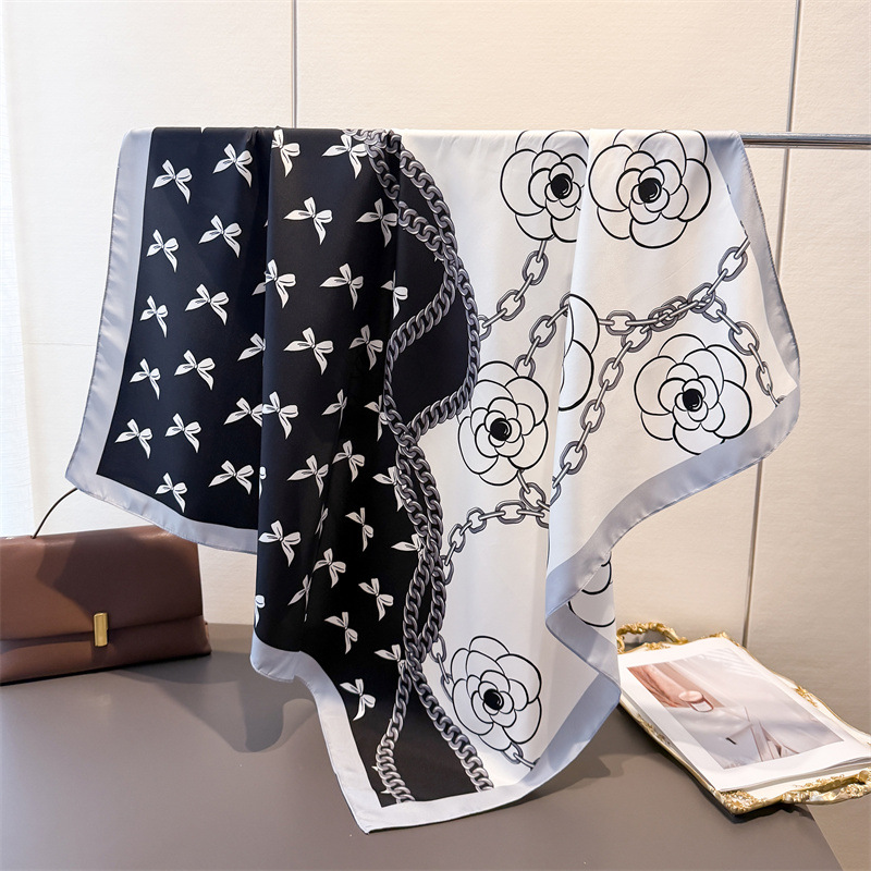 Flower Pattern imitate Silk Scarf Headband for Women Fashion Long Handle Bag Scarves Paris Shoulder Tote Luggage Ribbon Head Wraps 90x90CM