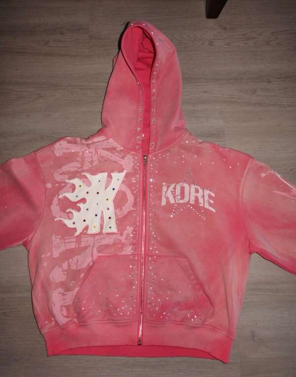 High Street Design Printed Hoodie Zipper Rhinestone Dark Loose Casual Pants Set B5