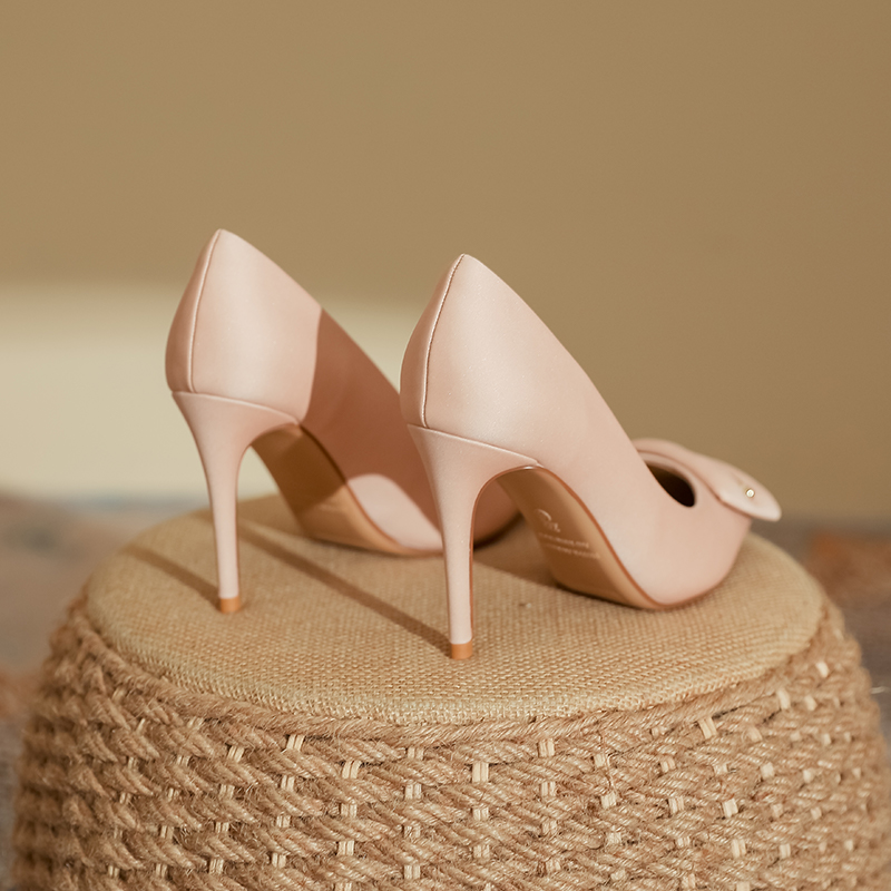 YUANLITONG Stylish Autumn Heels With Square Decor And Buckle Details Elegant Chic Pointed Toe High Heels Pink