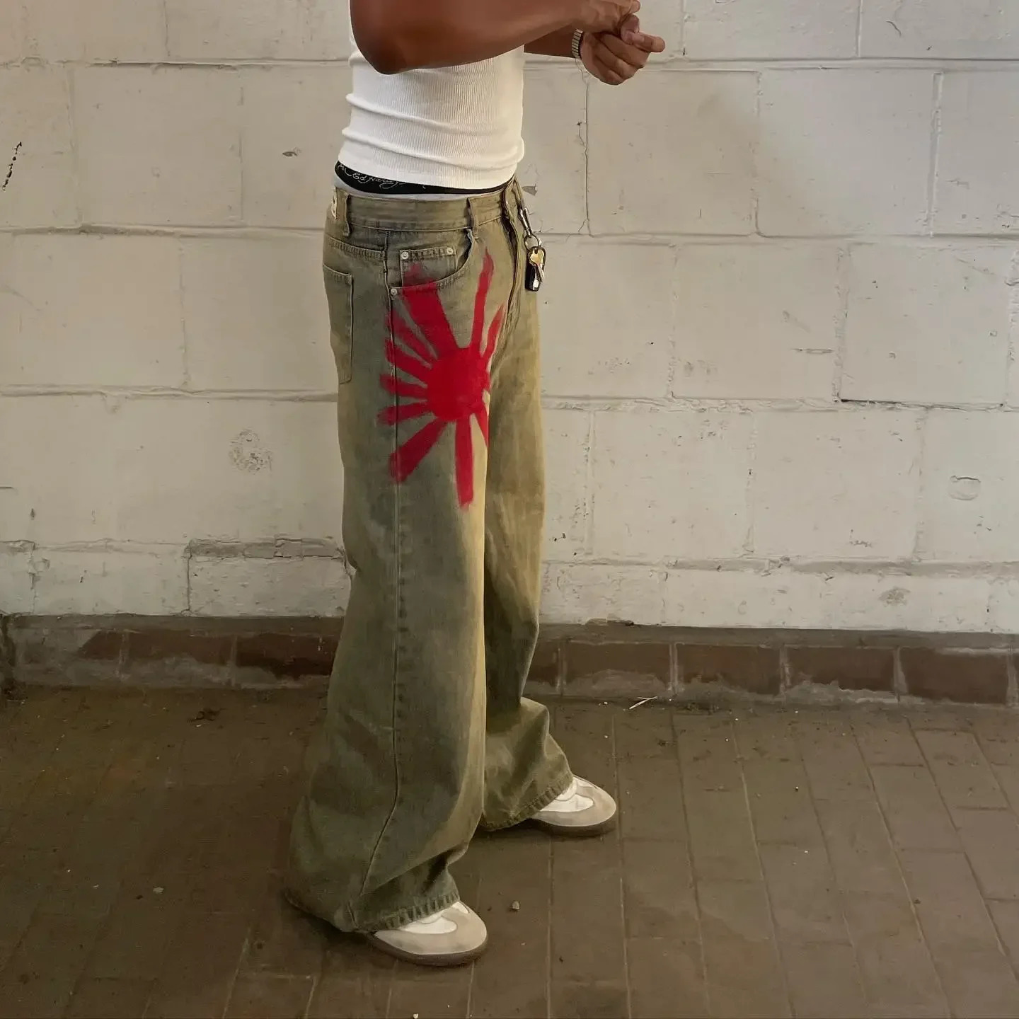 Y2K Vintage Street Clothes Red Print Grey Washed Baggy Jeans Men Women Harajuku Gothic Skateboard Pants Fashion Wide leg pants 250820