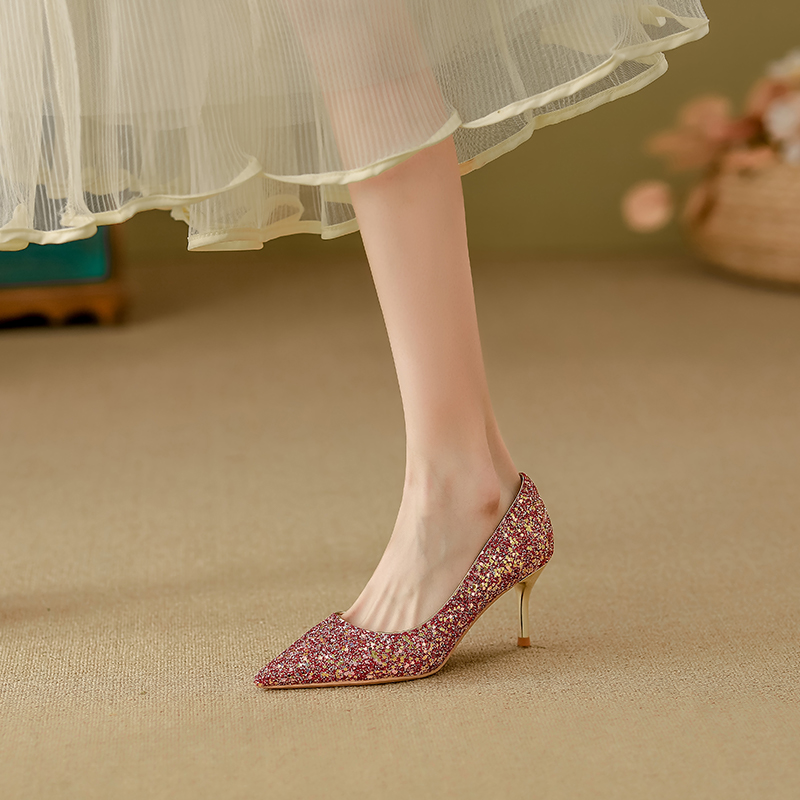YUANLITONG Glistening Red Glitter Pumps Heels Women's Leisure Gentle High Heel Fashion Minimalist Style Shoes Party fashion 2025-2026