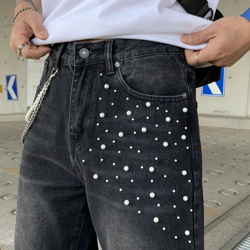 Fmxires Y2K American Retro Pearls Stacked Jeans Men Straight Leg Stretchy Denim Bottoms Males Fashion Clothes 250820