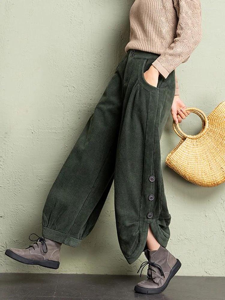 Women's Pants Korean Corduroy Women Fall Winter Plush Warm Loose Casual Harem Trousers Retro High Waist Button Streetwear Wide Leg Z260314