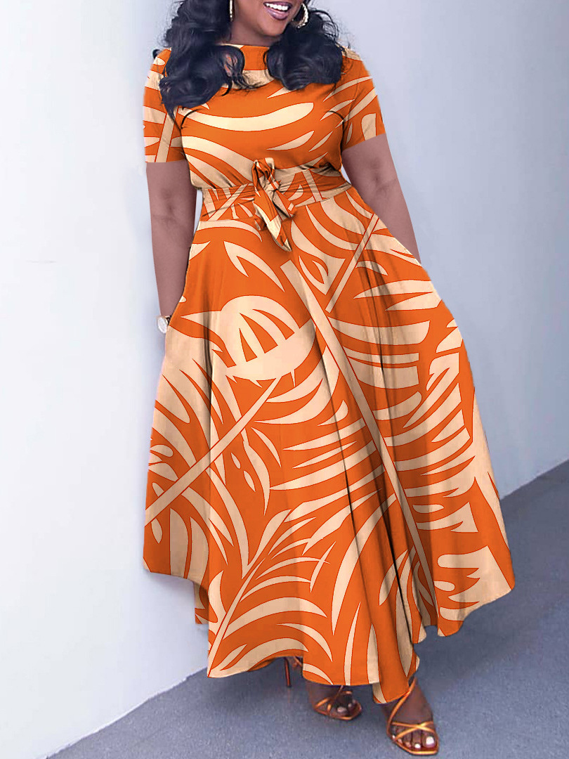 S85Women's new fashion temperament lace-up African plus size short-sleeved big swing foreign trade dress