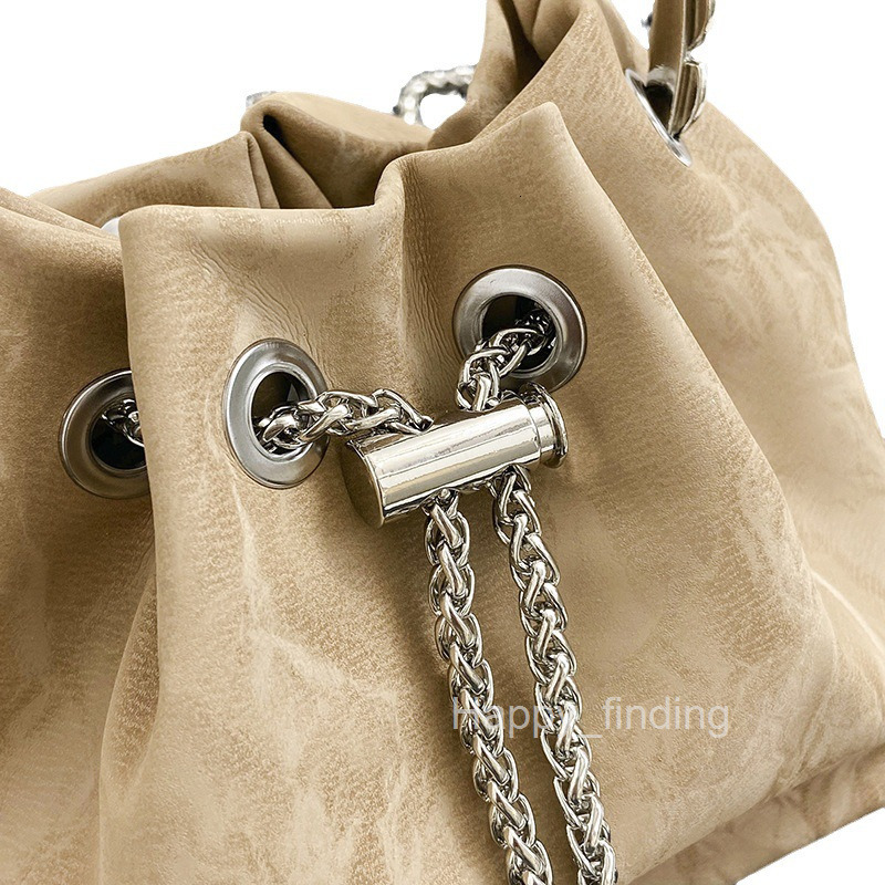 New Chain Solid Color Drawstring Bag Womens Fashion Trend Bucket Style PU Shoulder Crossbody Handbag