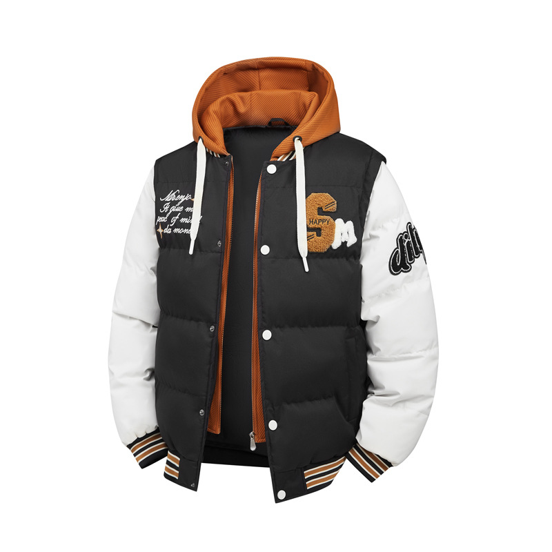 Winter Baseball Jacket Fake 2-piece Men's Sports Hooded Parkas Winter Loose-fit Thickened Warm Cotton Coat New Puffer Jacket