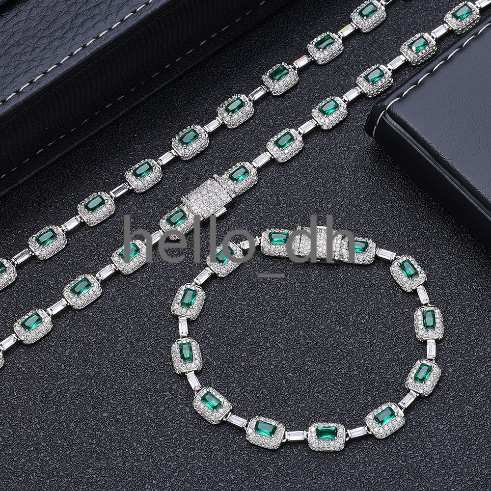 New Style Bling Baguette Diamond Link Chain Silver Plated Brass Micro Pave Emerald moissanite Chain Necklace for Women Jewelry