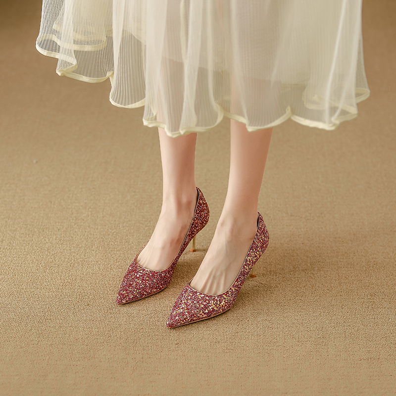 YUANLITONG Glistening Red Glitter Pumps Heels Women's Leisure Gentle High Heel Fashion Minimalist Style Shoes Party fashion 2025-2026