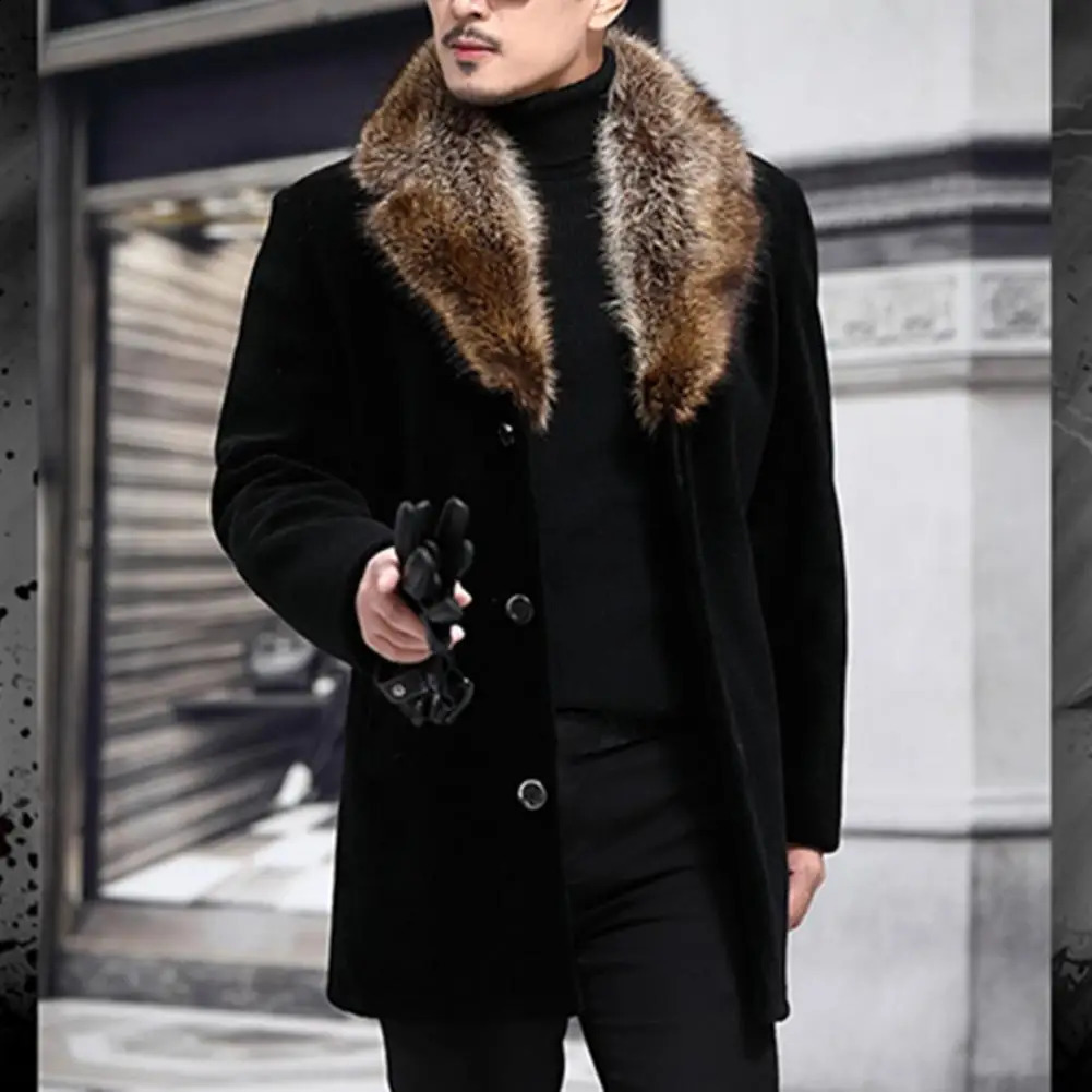 Faux Fur Collar Men Woolen Coat Thick Turndown Singlebreasted Slim Fit Jacket Windbreaker Outwear 250821
