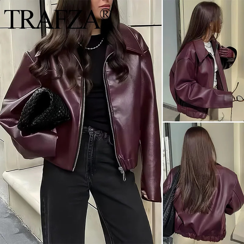 2024 Autumn Women American Style Vintage Solid Bordeaux Red Short Jacket Womens Zipper Long Sleeve Chic Leather 250820
