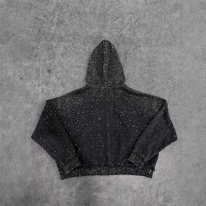 American Street Style Starry Sky Rhinestone Zipper Hooded Black Sweatshirt Hip Hop Autumn Winter Loose Jacket B5