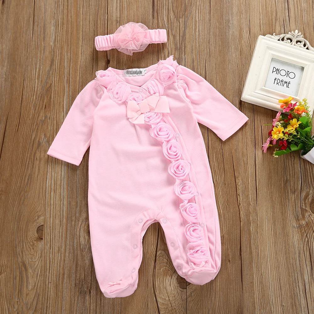 Spring born Baby Girl Clothes 2pcs Long Sleeve Lace Romper Headband Set Cotton Flower Footies Gift 250820