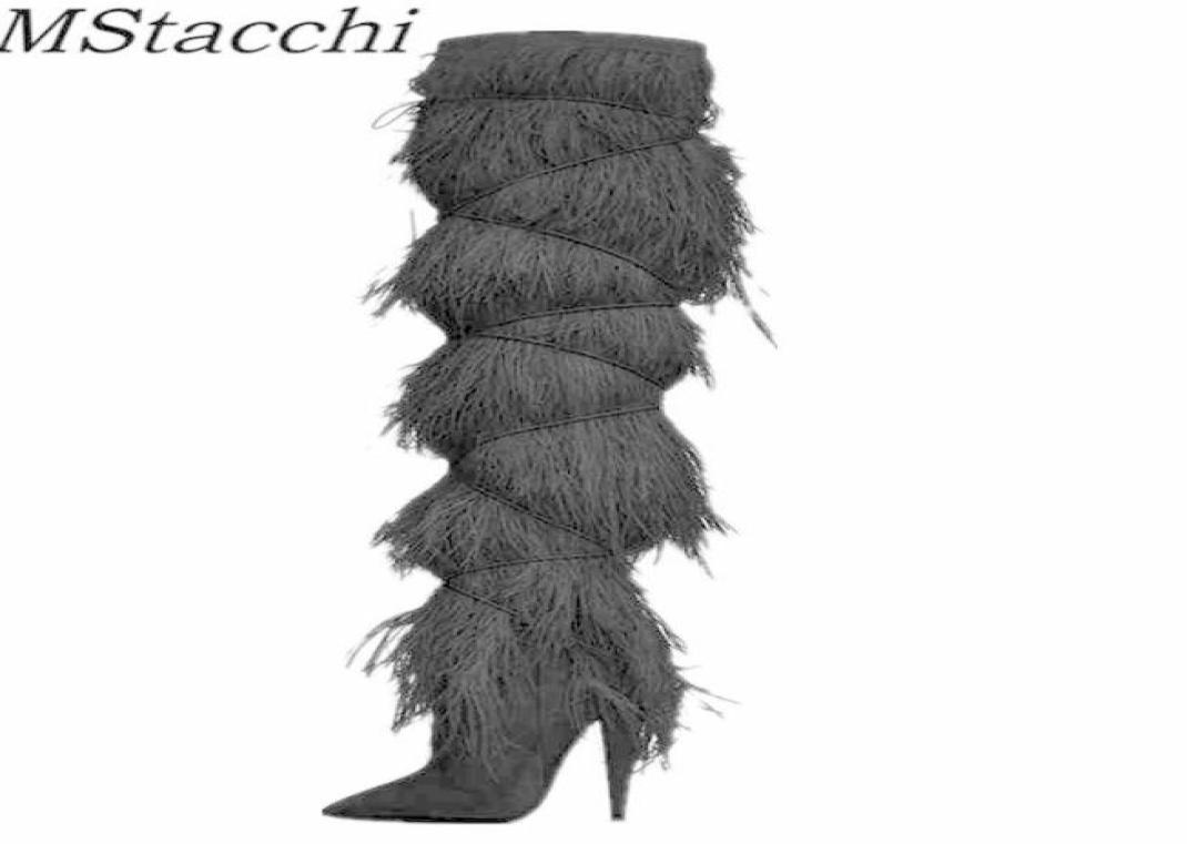 MStacchi Winter Novelty Women Boots Suede Crosstied Pointed Toe Party High Heel Shoes Sexy Ostrich Feather Over The Knee Boots 2218348380