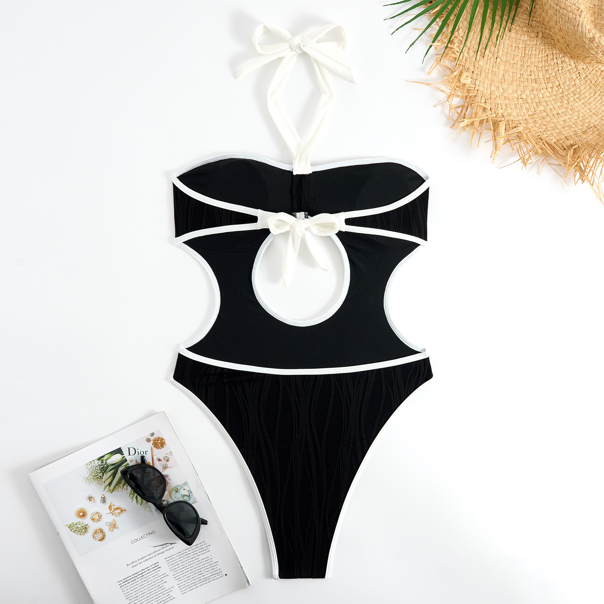 Summer 2025 women's beach swimwear, European and American swimwear, simple floral little Chanel style, halter sexy one-piece bikini swimwear