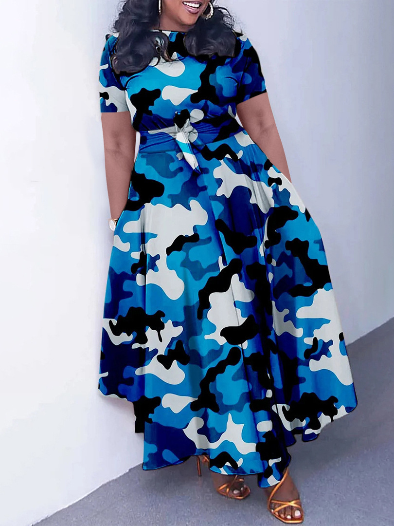 S85Women's new fashion temperament lace-up African plus size short-sleeved big swing foreign trade dress