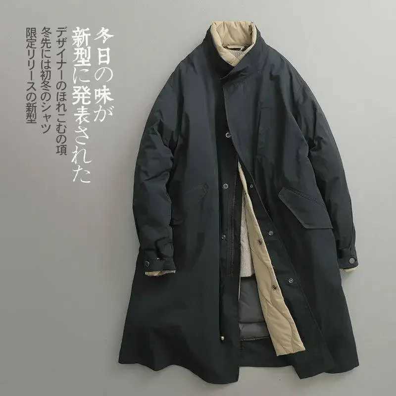 Korea Harajuku Vintage Fake Two Piece Cotton Coat Standing Collar Long Warm Parka Mens Oversized Solid Coat Designer Clothing X250821