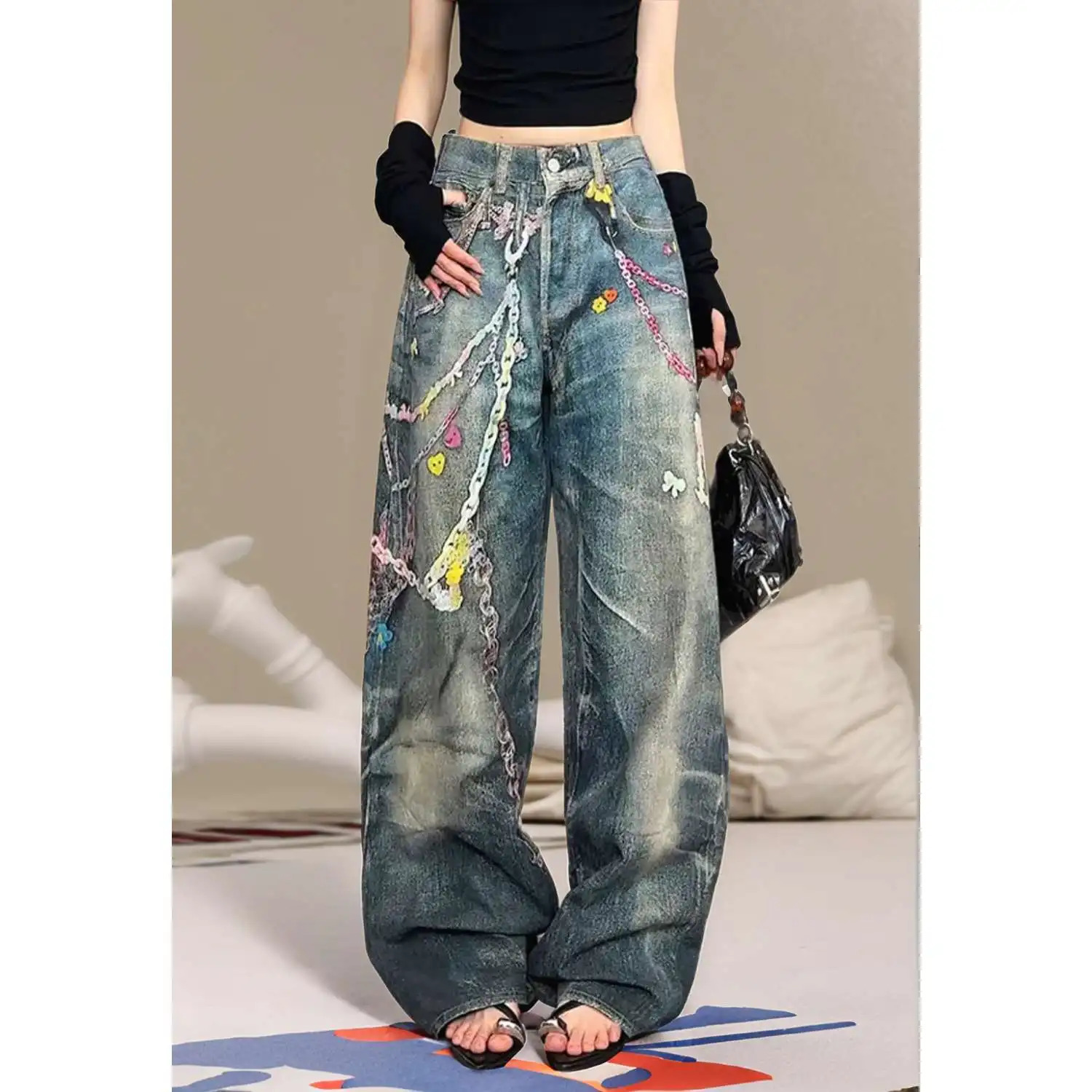 Womens Rainbow Print Palazzo Jeans Retro High Waist Wide Leg Trousers 2024 Summer Candy Color Chain n Street Style Pants 250820