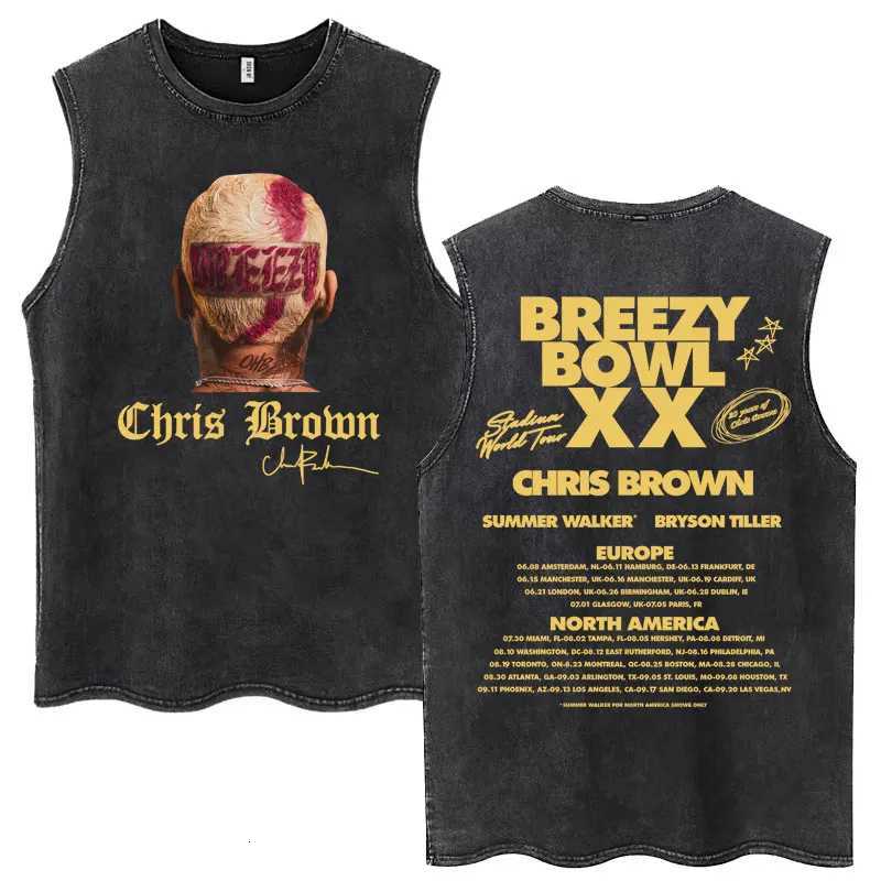 Chris Brown Breezy Bowl XX Tour Washed Tank Tops Fashion Hip Hop Vintage Hipster T-Shirts Men Women Loose Cotton Sleeveless Tees X250821