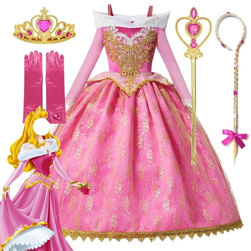 Sleeping Beauty Costume for Girls Pink Dress Long Sleeves Off Shoulder Gown Kids Halloween Xmas Party Cosplay Princess Costume 250820