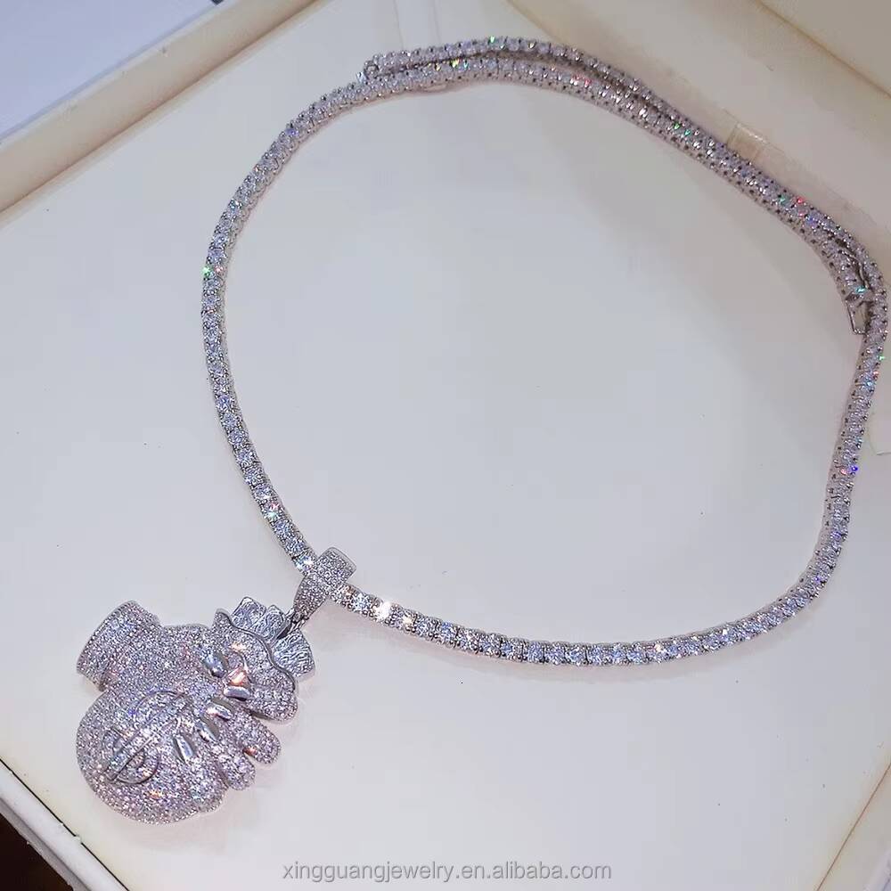 Fashion Real Sterling Solid Silver S925 White Gold Plated VVS Moissanite Round Pendant with Tennis Chain Necklace Jewelry Set