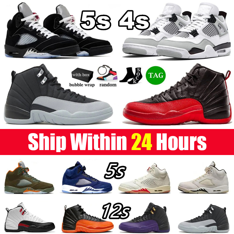 With Box 4s 5s 12s Basketball Shoes Mens Womens Trainers Luxury Black Metallic Midnight Navy Sail Military 4 Black Cats Fear White Thunder Bred Sneakers Sports Shoes
