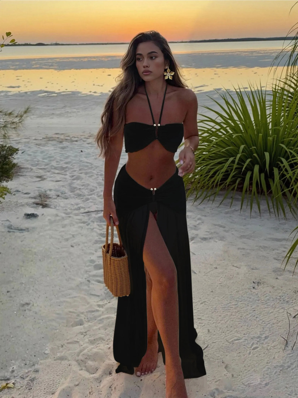 Halter Neck 3 Piece Bikini Set with Sheer Split Maxi Skirt Sexy White Summer Beach Dress Vacations Outfits Pool Party Wear K236 250821