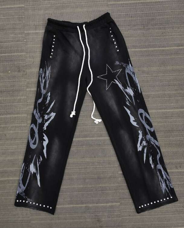 High Street Design Printed Hoodie Zipper Rhinestone Dark Loose Casual Pants Set B5