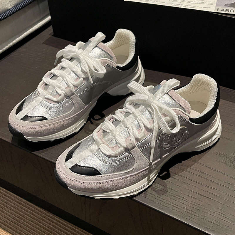 2025 Summer Autumn New Style Little Chanel Color Block Thick Sole Dad Shoes Women Genuine Leather Patchwork Panda Campus Casual Sneakers