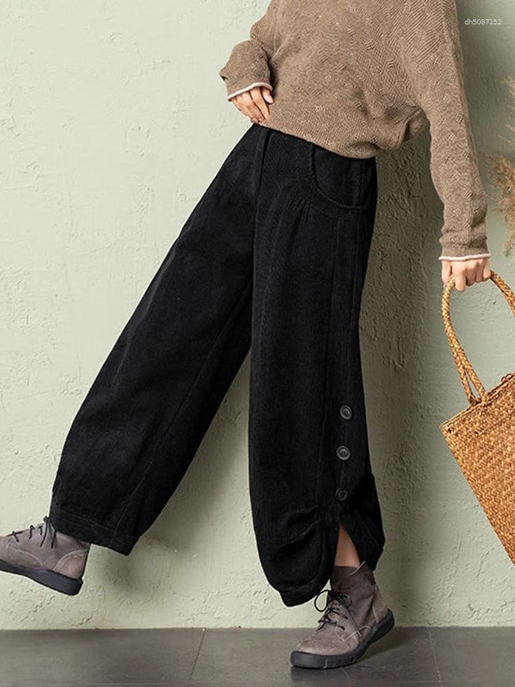 Women's Pants Korean Corduroy Women Fall Winter Plush Warm Loose Casual Harem Trousers Retro High Waist Button Streetwear Wide Leg Z260314