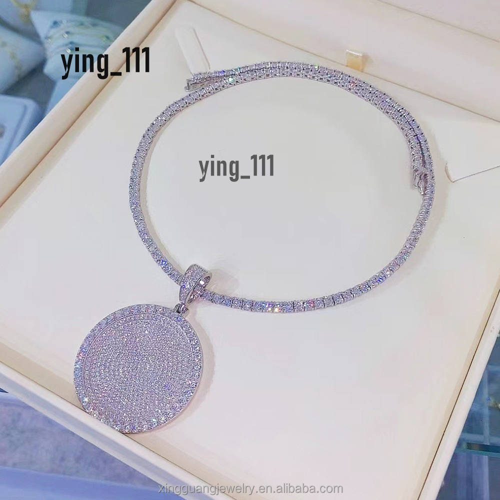 Fashion Real Sterling Solid Silver S925 White Gold Plated VVS Moissanite Round Pendant with Tennis Chain Necklace Jewelry Set