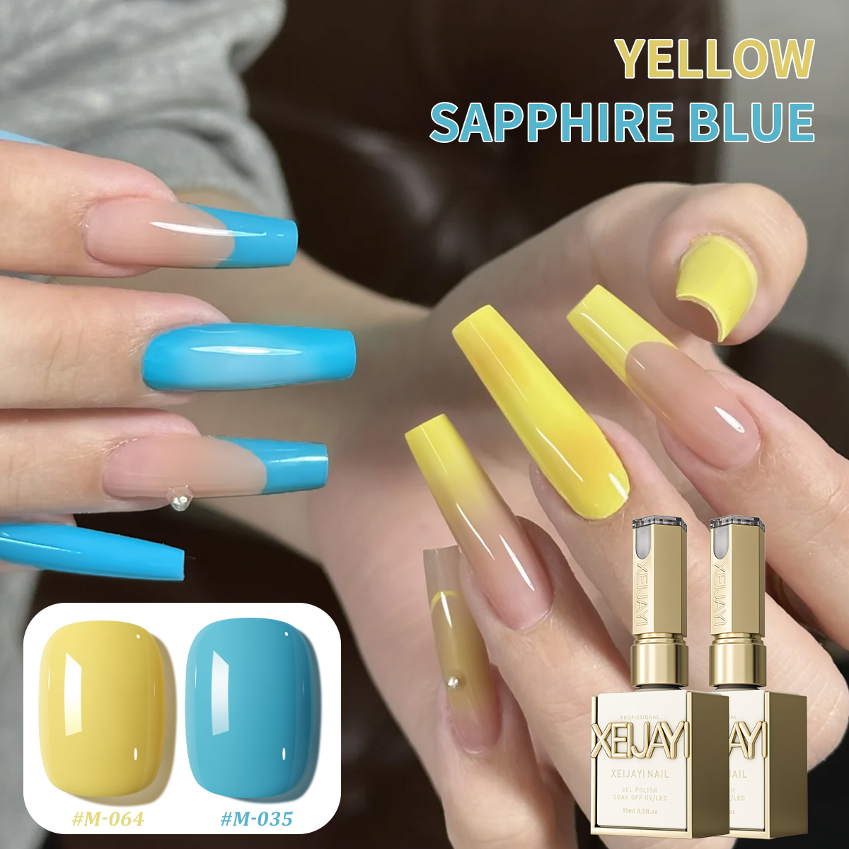 xeijayi 2in1 gel nail polish set sparkling glittery blue yellow longlasting salonstyle for women nail art toolsvibrant nail colorsmooth application
