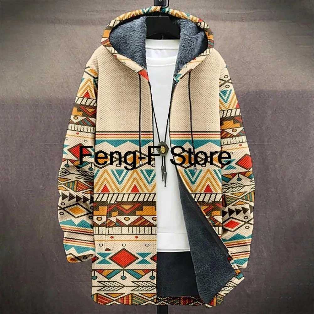 3D Men Jacket Cardigans Native Aztec Graphics Long Coats Printed Mid Trench Outdoor Fleece Winter Casual Streetwear Clothing W250821