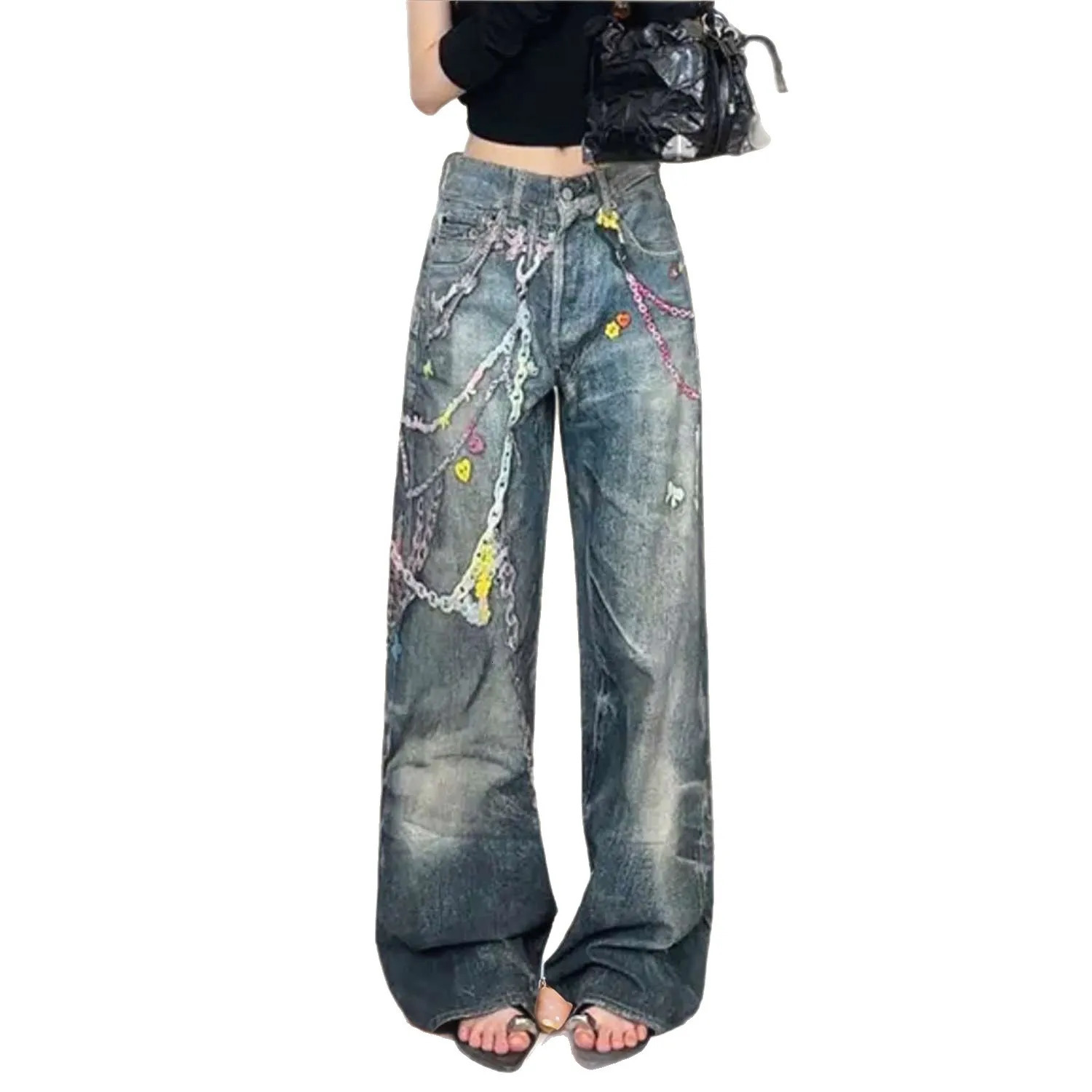 Womens Rainbow Print Palazzo Jeans Retro High Waist Wide Leg Trousers 2024 Summer Candy Color Chain n Street Style Pants 250820